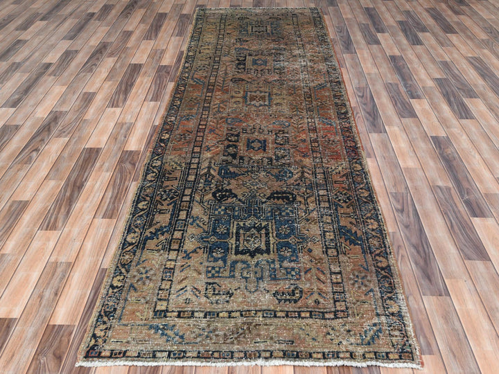3'5" x 10'6" Vintage Hand Knotted Brown Worn Wool Runner Oriental Rug - MOA10281077