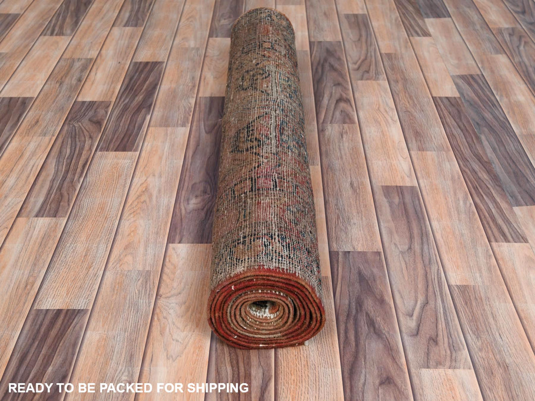 3'5" x 10'6" Vintage Hand Knotted Brown Worn Wool Runner Oriental Rug - MOA10281077