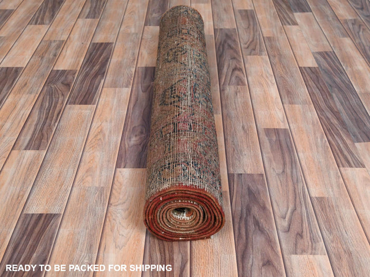 3'5" x 10'6" Vintage Hand Knotted Brown Worn Wool Runner Oriental Rug - MOA10281077