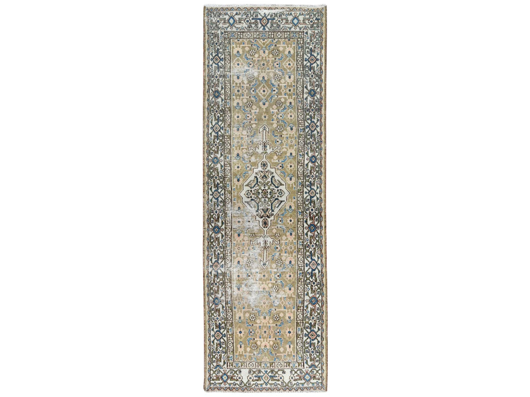3'5" x 10'6" Vintage Hand Knotted Green Worn Wool Runner Oriental Rug - MOA10281132