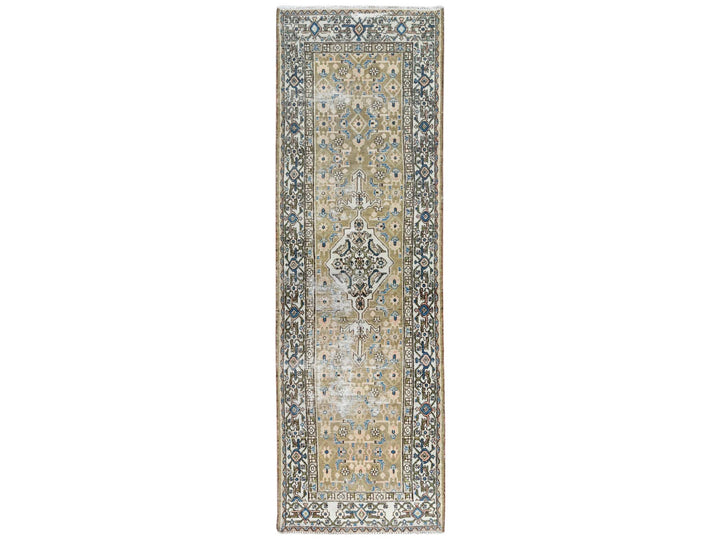 3'5" x 10'6" Vintage Hand Knotted Green Worn Wool Runner Oriental Rug - MOA10281132