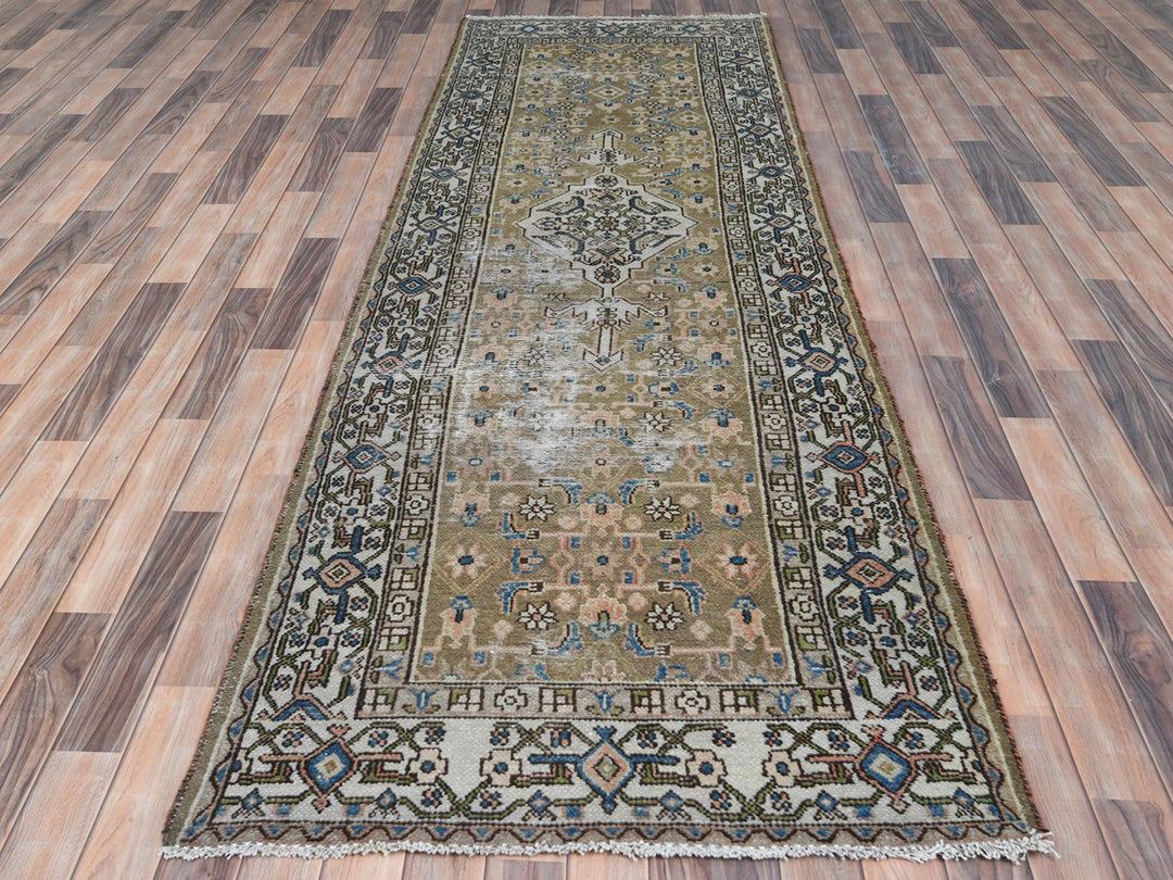 3'5" x 10'6" Vintage Hand Knotted Green Worn Wool Runner Oriental Rug - MOA10281132