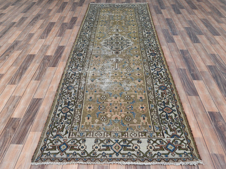 3'5" x 10'6" Vintage Hand Knotted Green Worn Wool Runner Oriental Rug - MOA10281132