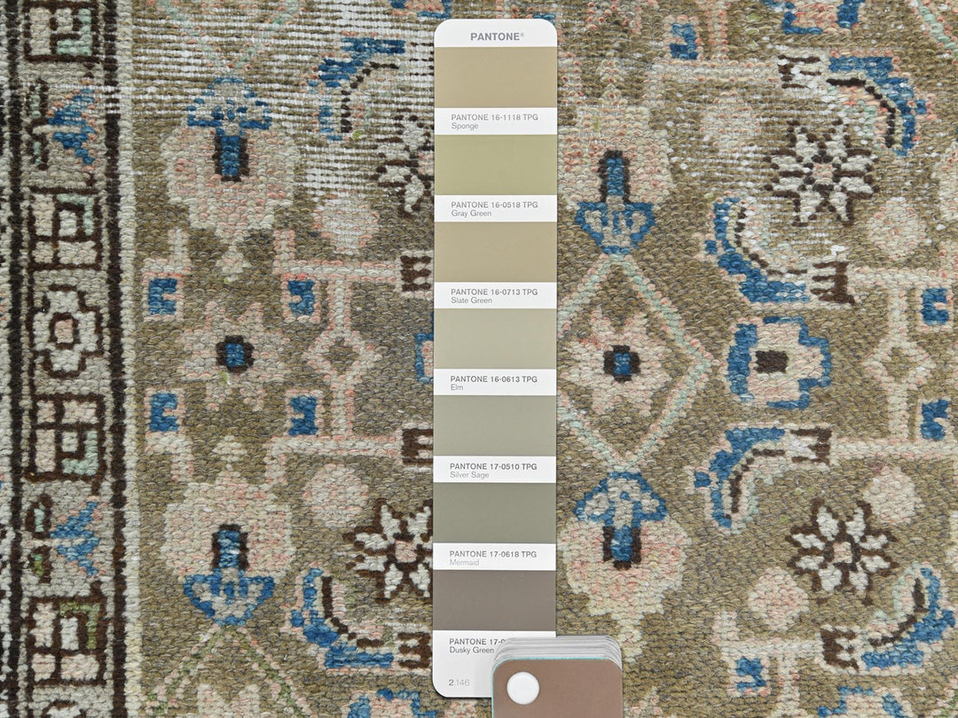 3'5" x 10'6" Vintage Hand Knotted Green Worn Wool Runner Oriental Rug - MOA10281132