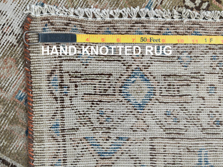 3'5" x 10'6" Vintage Hand Knotted Green Worn Wool Runner Oriental Rug - MOA10281132