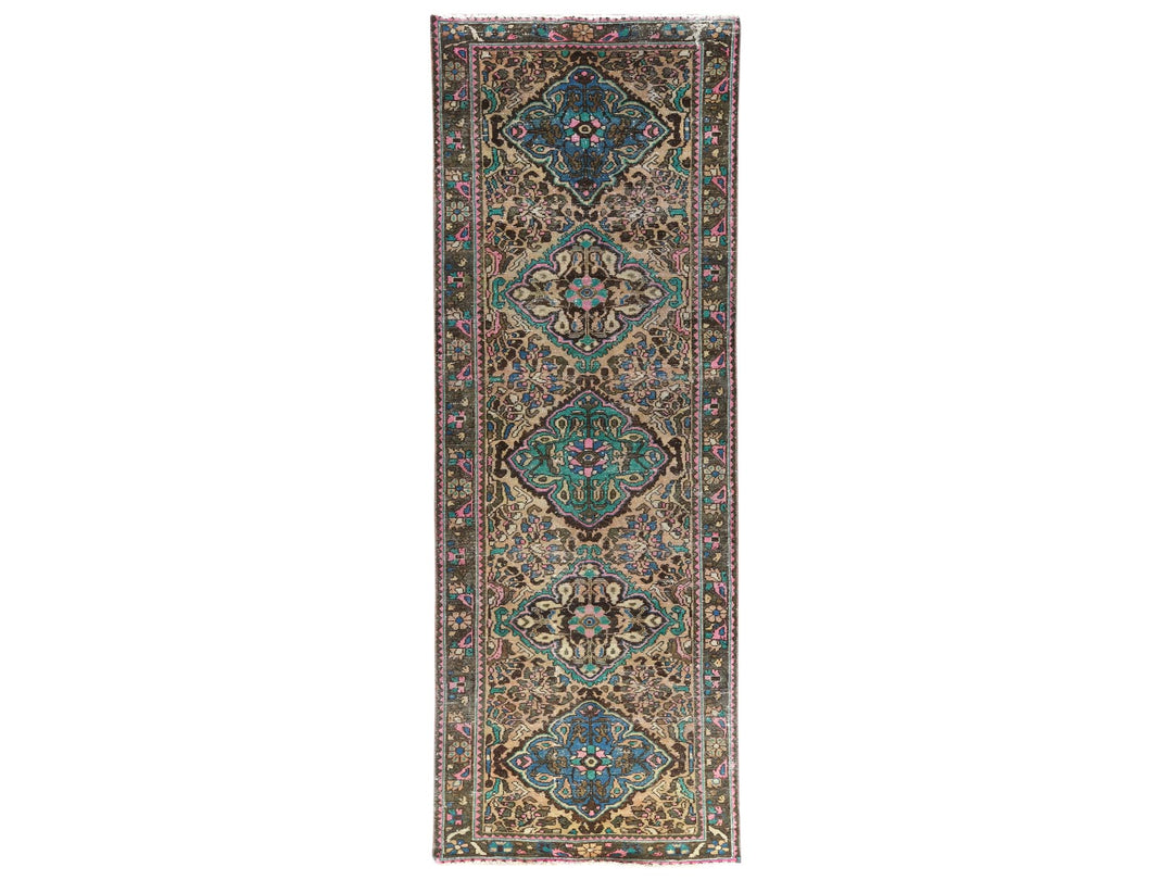 3'6" x 9'7" Vintage Hand Knotted Brown Worn Wool Runner Oriental Rug - MOA10281142