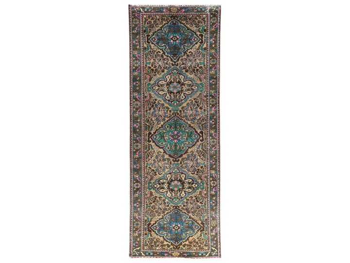 3'6" x 9'7" Vintage Hand Knotted Brown Worn Wool Runner Oriental Rug - MOA10281142