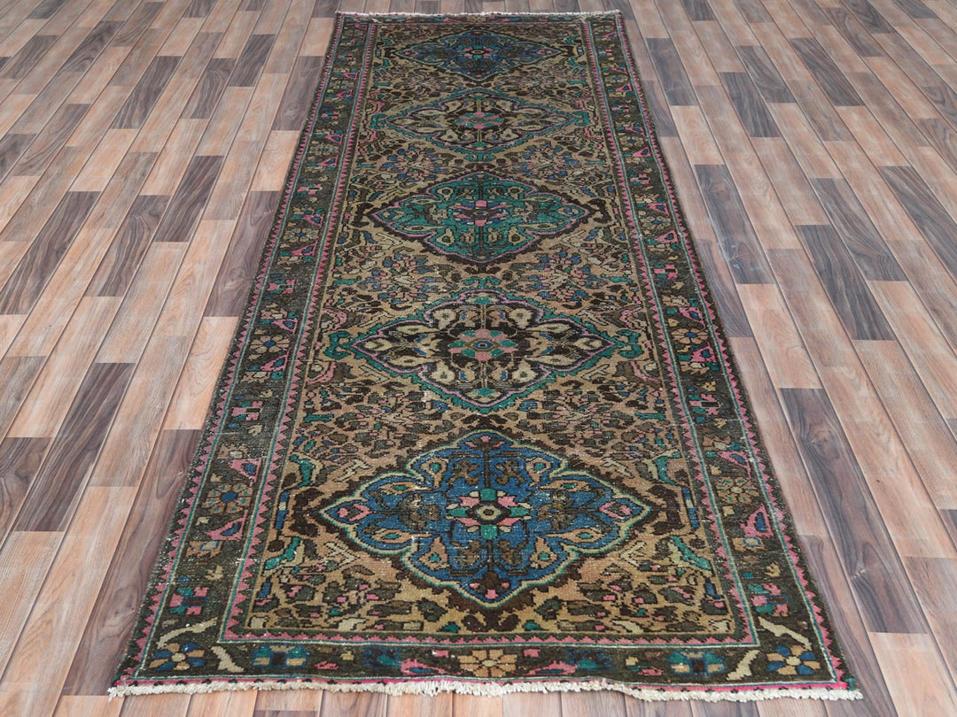 3'6" x 9'7" Vintage Hand Knotted Brown Worn Wool Runner Oriental Rug - MOA10281142
