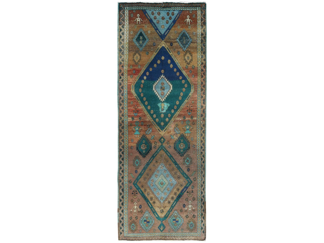 3'8" x 9'9" Vintage Hand Knotted Brown Worn Wool Runner Oriental Rug - MOA10281144