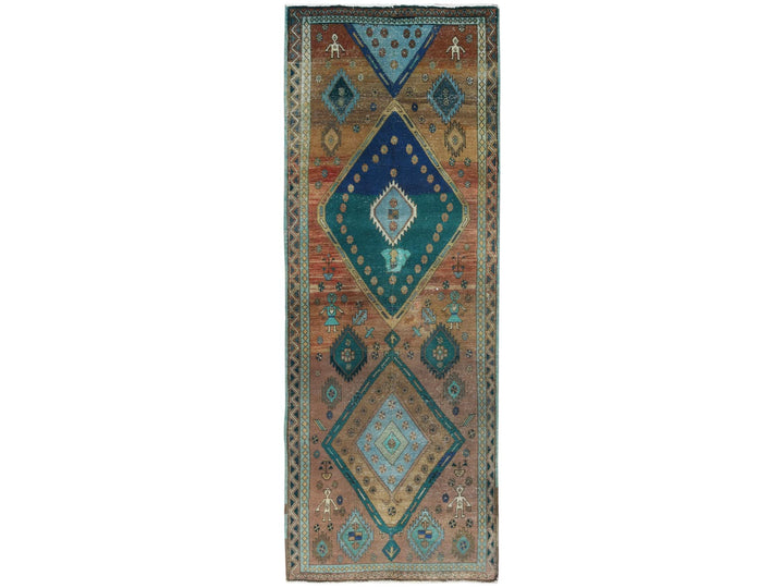 3'8" x 9'9" Vintage Hand Knotted Brown Worn Wool Runner Oriental Rug - MOA10281144