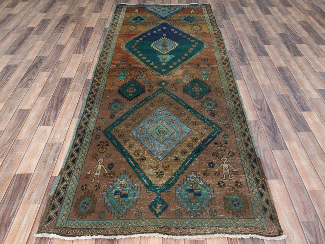 3'8" x 9'9" Vintage Hand Knotted Brown Worn Wool Runner Oriental Rug - MOA10281144