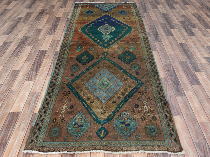 3'8" x 9'9" Vintage Hand Knotted Brown Worn Wool Runner Oriental Rug - MOA10281144