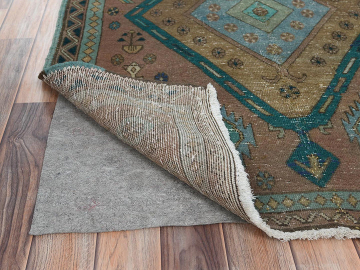 3'8" x 9'9" Vintage Hand Knotted Brown Worn Wool Runner Oriental Rug - MOA10281144