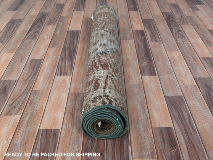 3'8" x 9'9" Vintage Hand Knotted Brown Worn Wool Runner Oriental Rug - MOA10281144