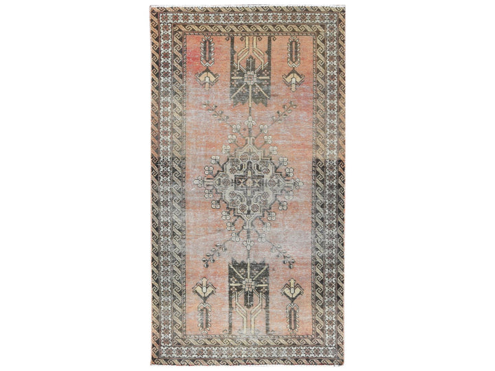 3'7" x 6'6" Vintage Hand Knotted Red Worn Wool Rectangle Oriental Rug - MOA10281155