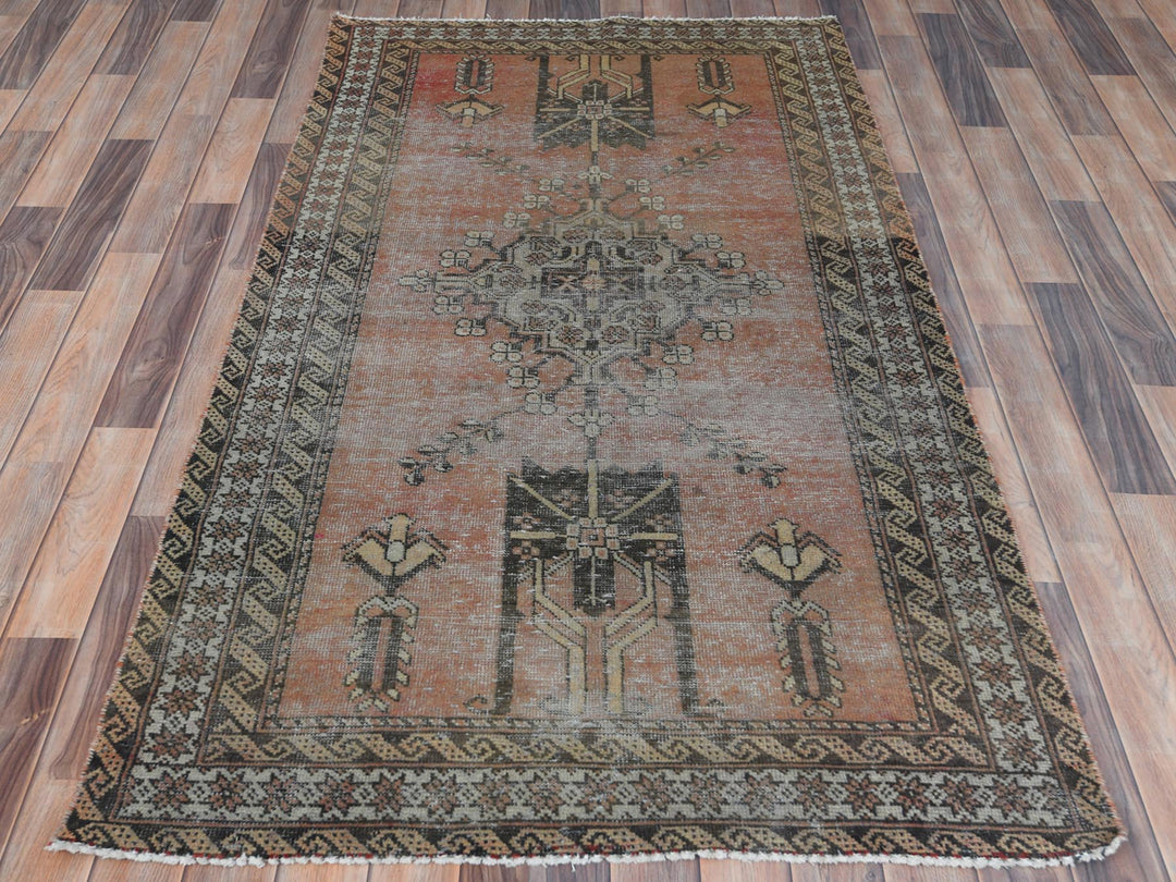 3'7" x 6'6" Vintage Hand Knotted Red Worn Wool Rectangle Oriental Rug - MOA10281155