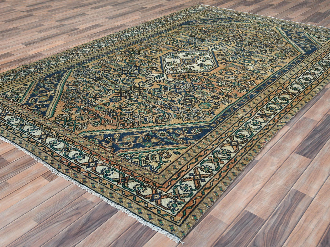 6'3" x 9'7" Vintage Hand Knotted Yellow Worn Wool Rectangle Oriental Rug - MOA10281175