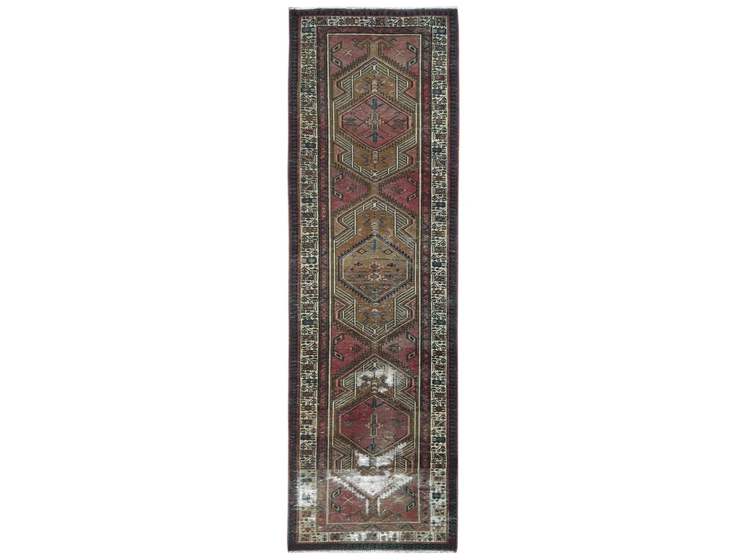 3'1" x 10'1" Vintage Hand Knotted Red Worn Wool Runner Oriental Rug - MOA10281186