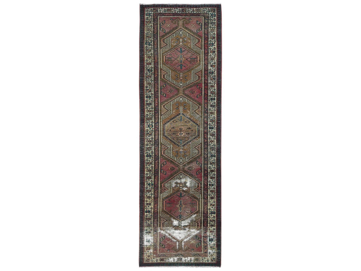 3'1" x 10'1" Vintage Hand Knotted Red Worn Wool Runner Oriental Rug - MOA10281186