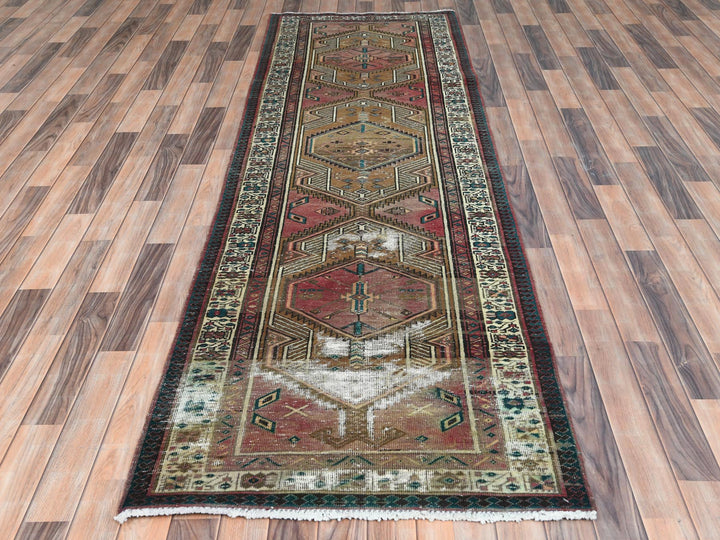 3'1" x 10'1" Vintage Hand Knotted Red Worn Wool Runner Oriental Rug - MOA10281186