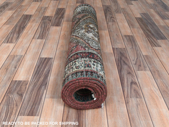 3'1" x 10'1" Vintage Hand Knotted Red Worn Wool Runner Oriental Rug - MOA10281186
