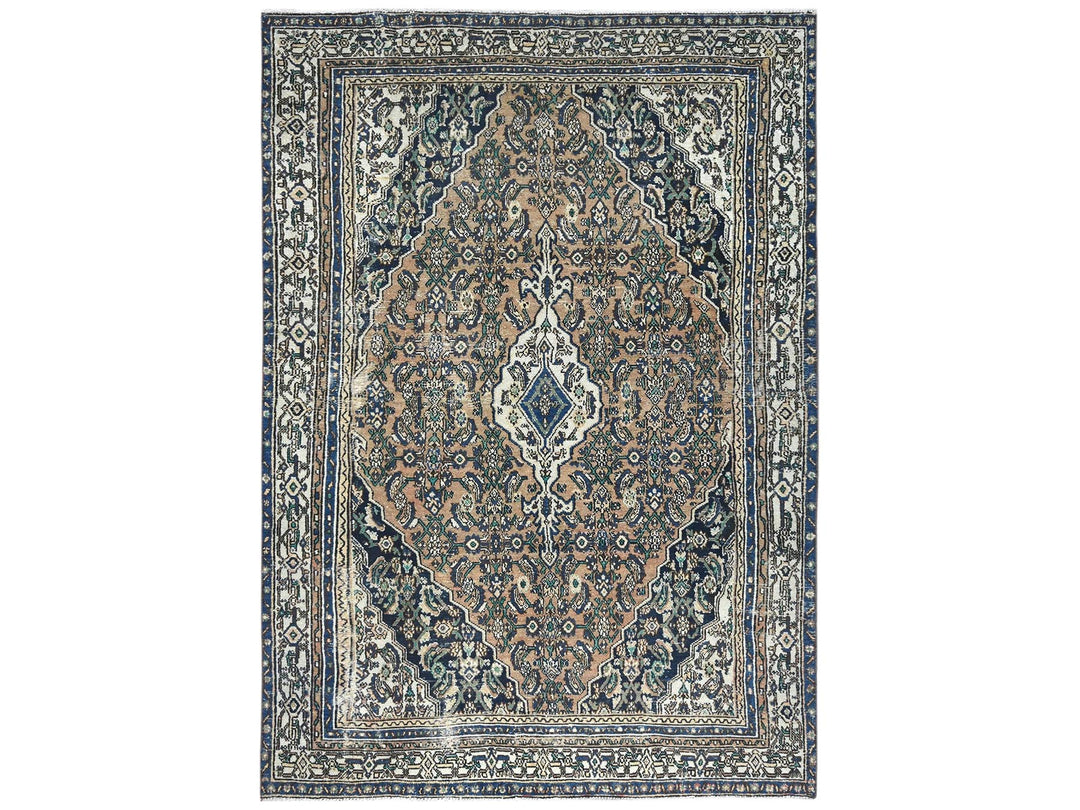 6'6" x 9'6" Vintage Hand Knotted Brown Worn Wool Rectangle Oriental Rug - MOA10281194
