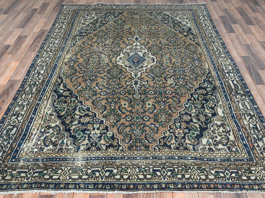 6'6" x 9'6" Vintage Hand Knotted Brown Worn Wool Rectangle Oriental Rug - MOA10281194