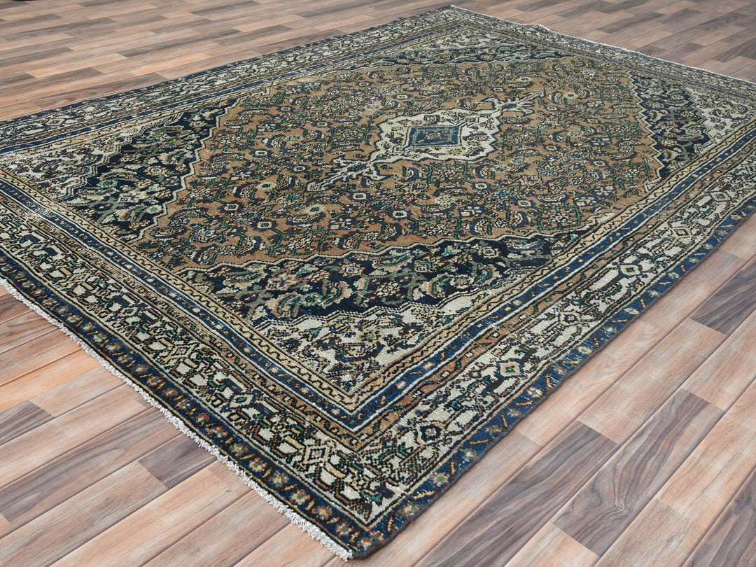 6'6" x 9'6" Vintage Hand Knotted Brown Worn Wool Rectangle Oriental Rug - MOA10281194
