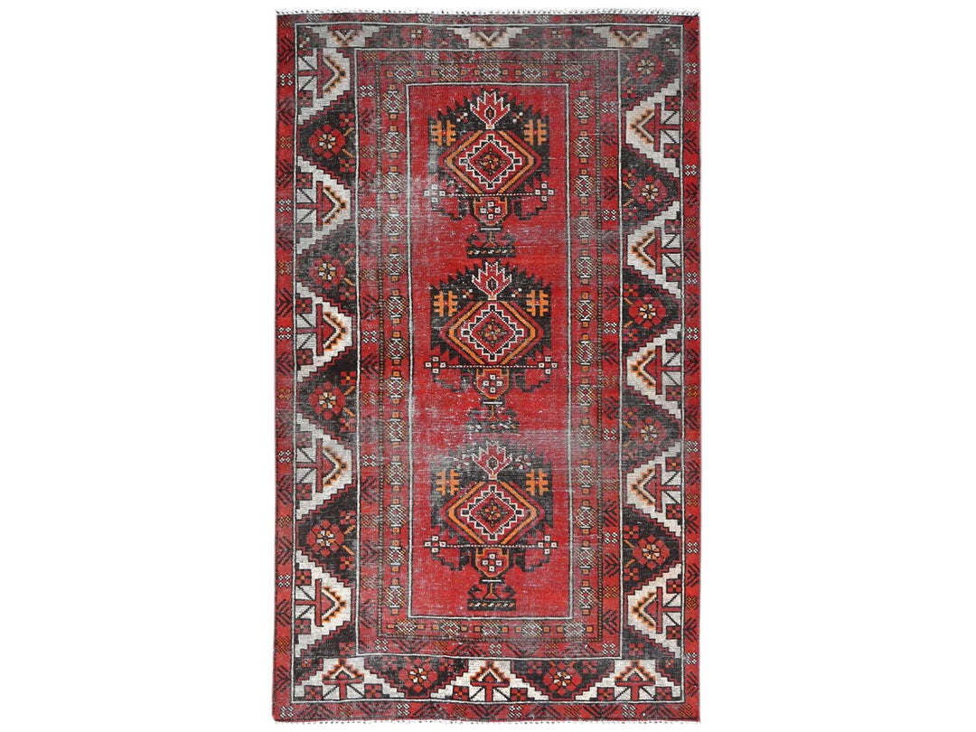 3'9" x 6'4" Vintage Hand Knotted Red Worn Wool Rectangle Oriental Rug - MOA10281210