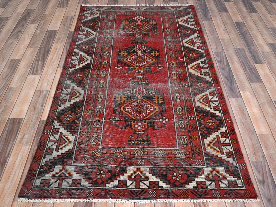 3'9" x 6'4" Vintage Hand Knotted Red Worn Wool Rectangle Oriental Rug - MOA10281210