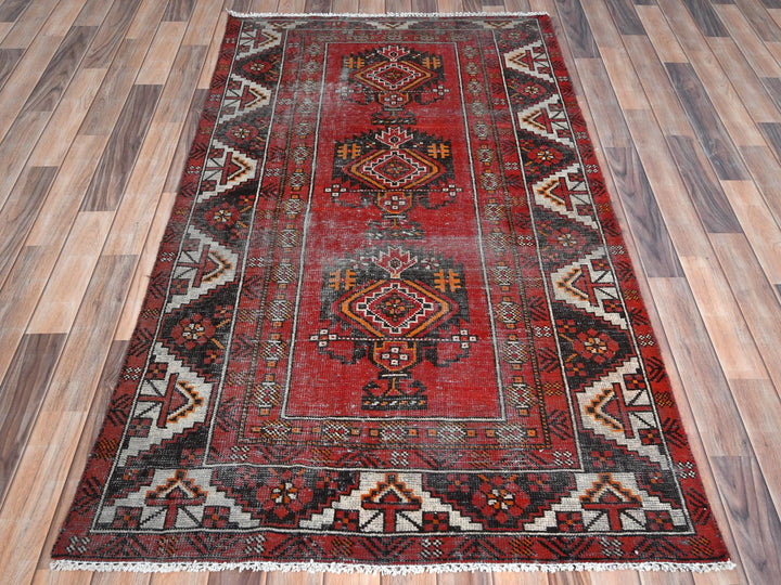 3'9" x 6'4" Vintage Hand Knotted Red Worn Wool Rectangle Oriental Rug - MOA10281210