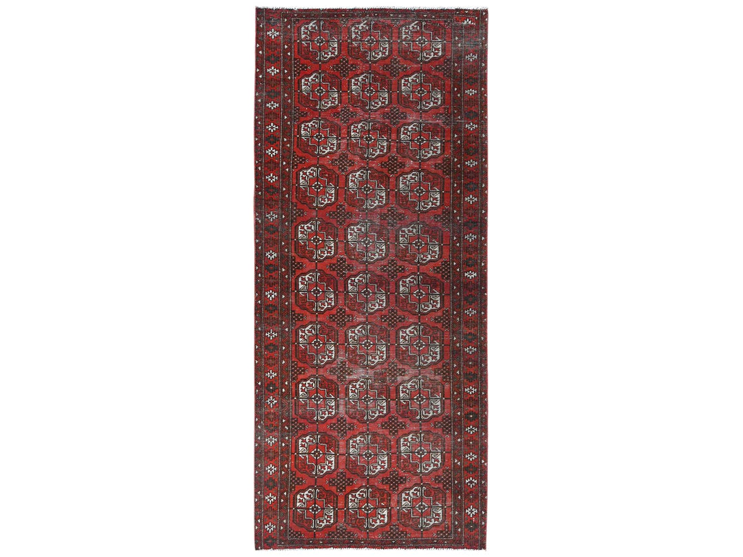 3'9" x 9'2" Vintage Hand Knotted Red Worn Wool Runner Oriental Rug - MOA10281212