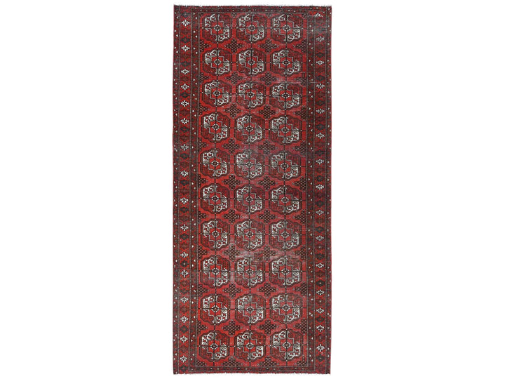 3'9" x 9'2" Vintage Hand Knotted Red Worn Wool Runner Oriental Rug - MOA10281212