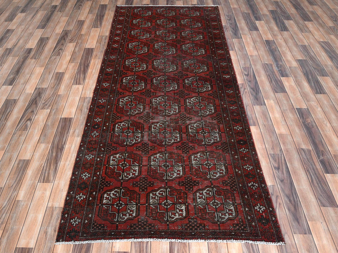 3'9" x 9'2" Vintage Hand Knotted Red Worn Wool Runner Oriental Rug - MOA10281212