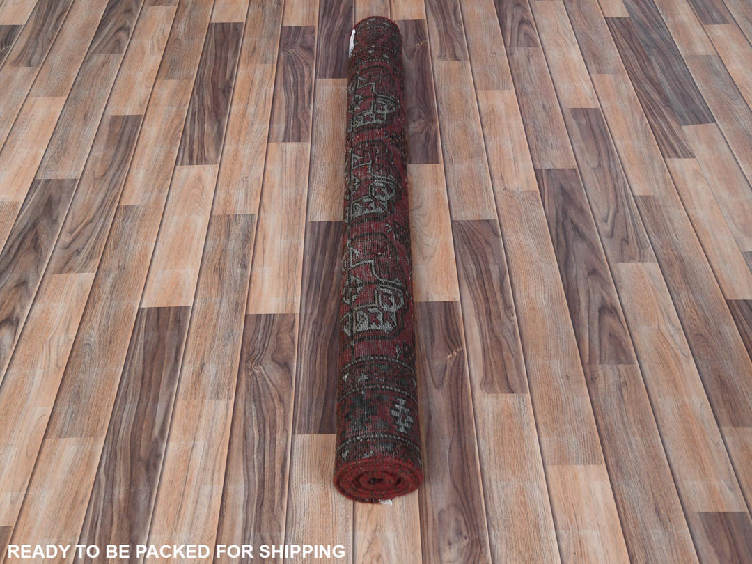 3'9" x 9'2" Vintage Hand Knotted Red Worn Wool Runner Oriental Rug - MOA10281212