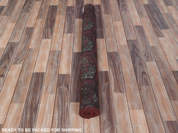 3'9" x 9'2" Vintage Hand Knotted Red Worn Wool Runner Oriental Rug - MOA10281212