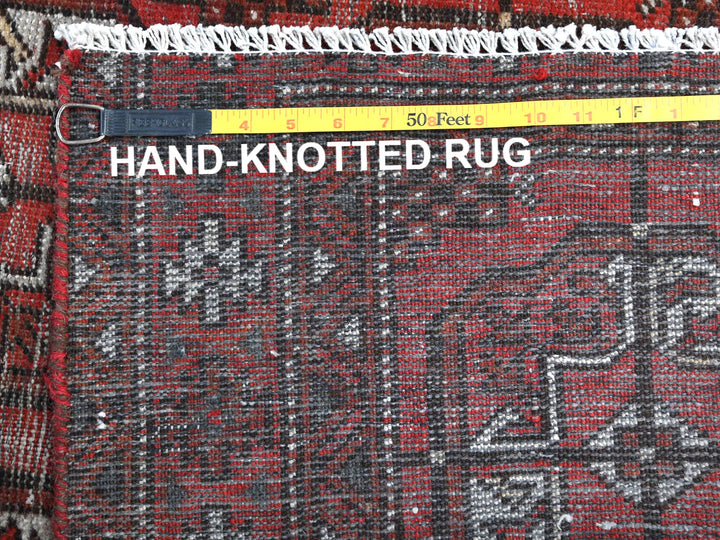 3'9" x 9'2" Vintage Hand Knotted Red Worn Wool Runner Oriental Rug - MOA10281212