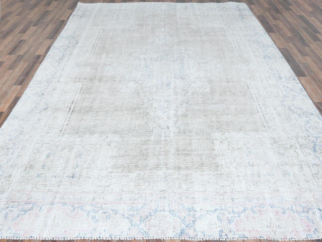 8'7" x 12'0" Vintage Hand Knotted Beige Worn Wool Rectangle Oriental Rug - MOA10281249