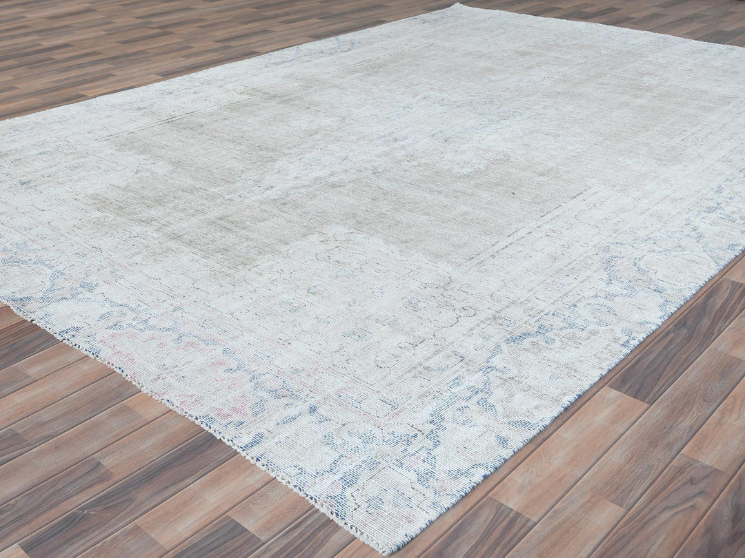 8'7" x 12'0" Vintage Hand Knotted Beige Worn Wool Rectangle Oriental Rug - MOA10281249