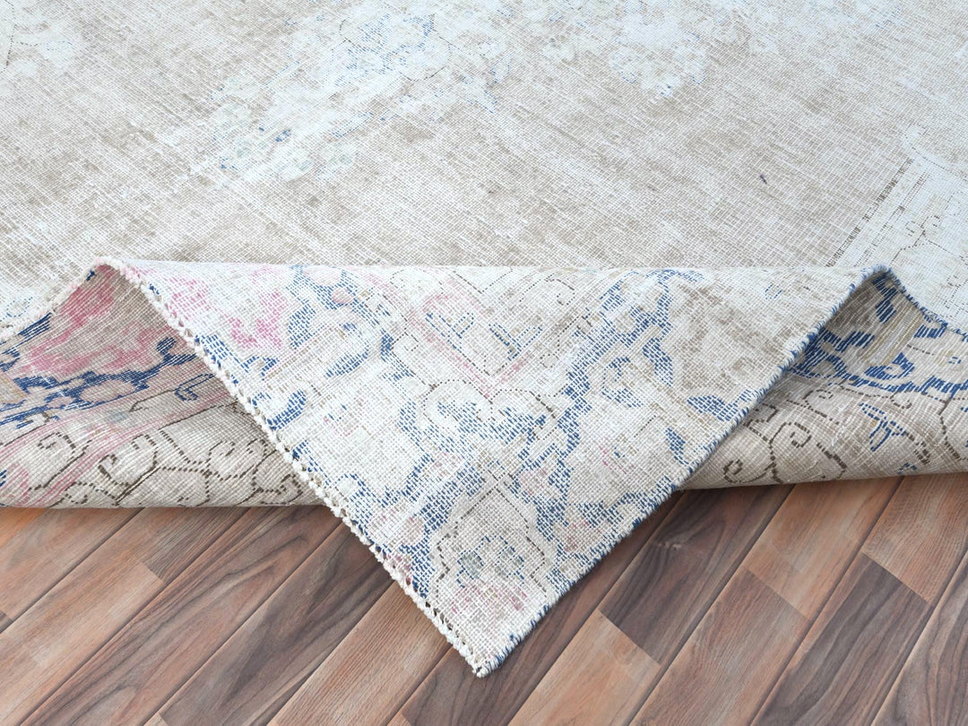 8'7" x 12'0" Vintage Hand Knotted Beige Worn Wool Rectangle Oriental Rug - MOA10281249