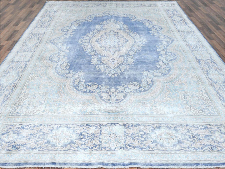 10'0" x 13'0" Vintage Hand Knotted Blue Wool Rectangle Oriental Rug - MOA10281253