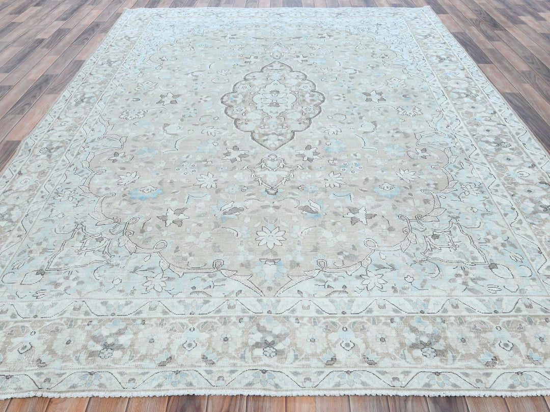 7'6" x 10'10" Vintage Hand Knotted Beige Worn Wool Rectangle Oriental Rug - MOA10281267