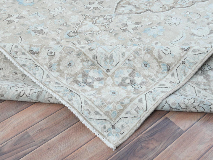 7'6" x 10'10" Vintage Hand Knotted Beige Worn Wool Rectangle Oriental Rug - MOA10281267