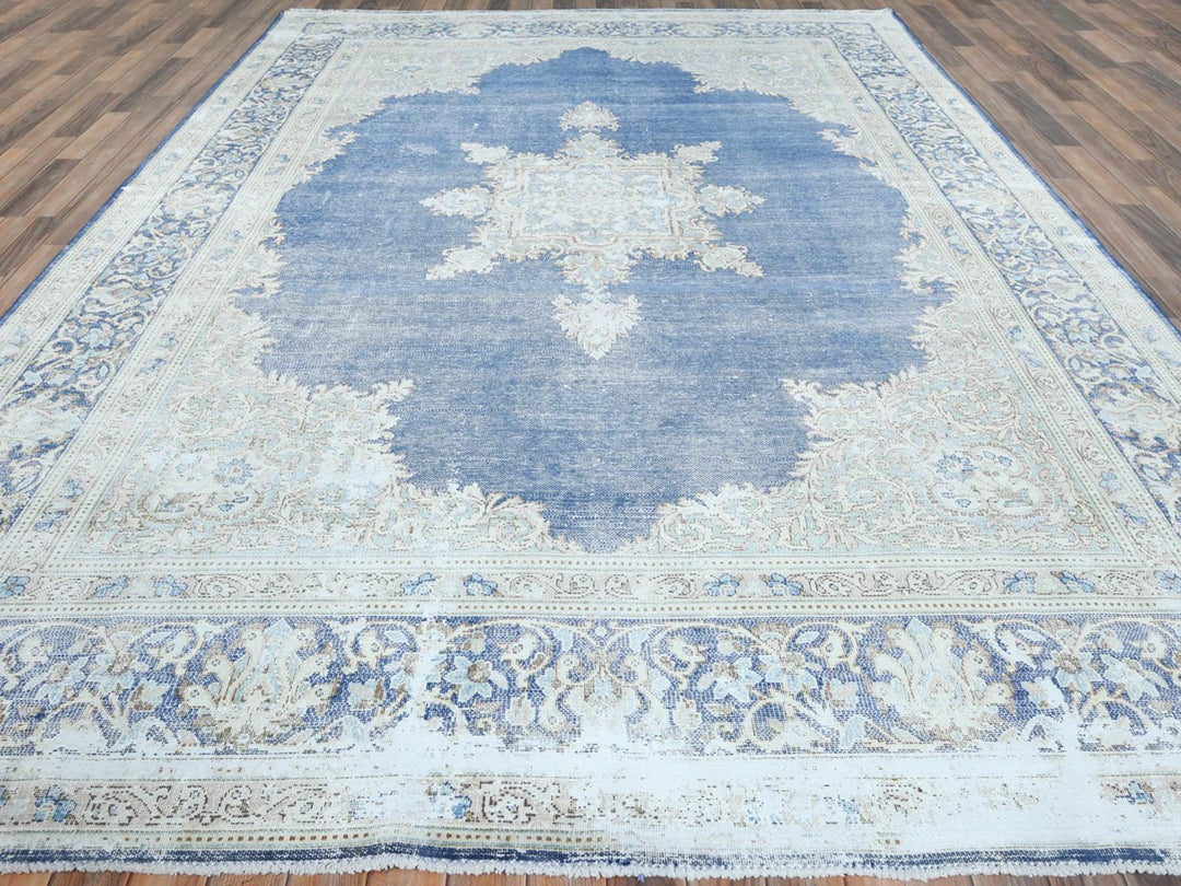 8'9" x 12'0" Vintage Hand Knotted Blue Worn Wool Rectangle Oriental Rug - MOA10281608