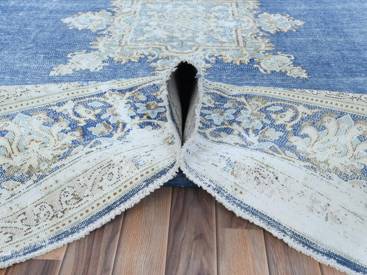 8'9" x 12'0" Vintage Hand Knotted Blue Worn Wool Rectangle Oriental Rug - MOA10281608