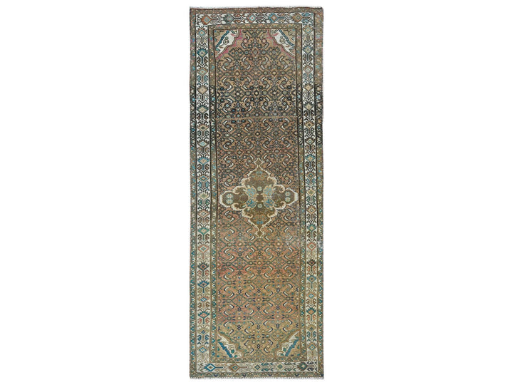3'3" x 9'2" Vintage Hand Knotted Brown Wool Runner Oriental Rug - MOA10281638