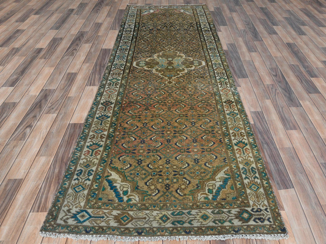 3'3" x 9'2" Vintage Hand Knotted Brown Wool Runner Oriental Rug - MOA10281638