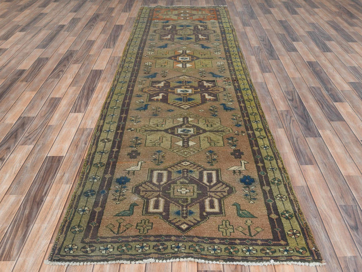 3'4" x 10'3" Vintage Hand Knotted Brown Wool Runner Oriental Rug - MOA10281657