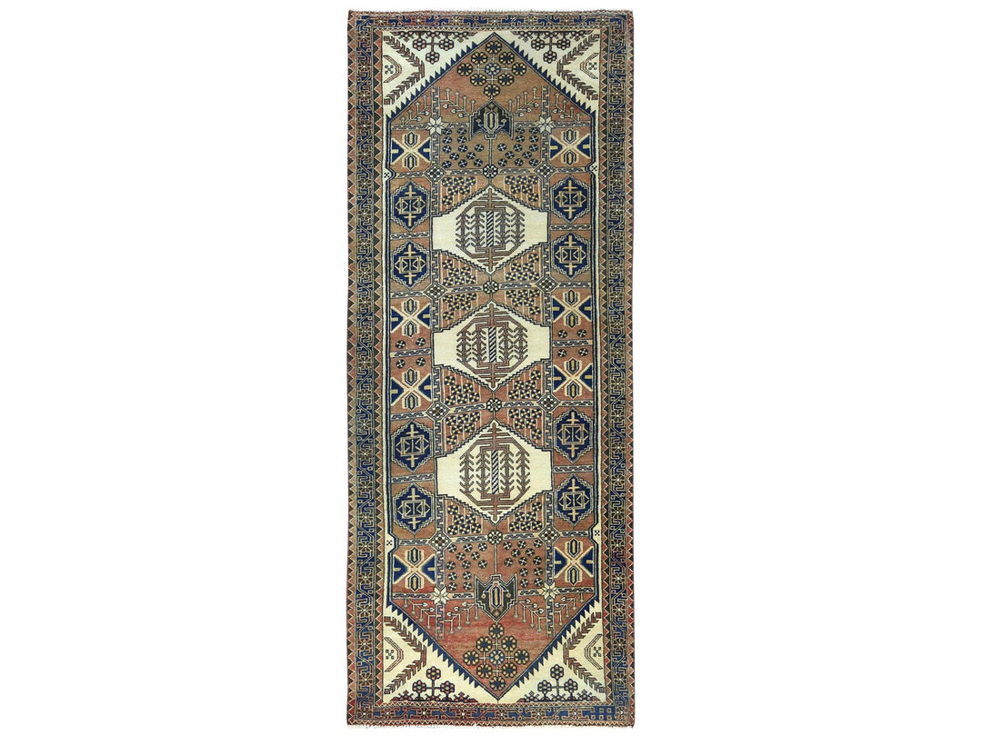 4'0" x 10'0" Vintage Hand Knotted Brown Wool Runner Oriental Rug - MOA10281659