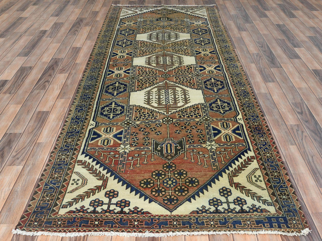 4'0" x 10'0" Vintage Hand Knotted Brown Wool Runner Oriental Rug - MOA10281659